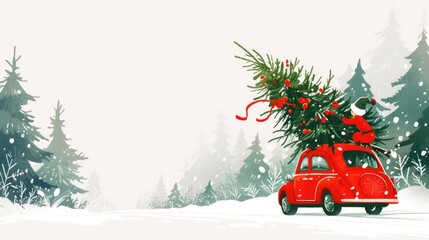 Poster - A festive silhouette of a red car carrying a Christmas tree depicted in a 2d cartoon style stands out against a clean white backdrop