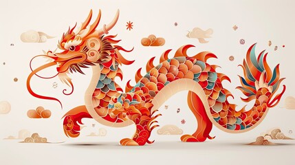 Cute Chinese dragon, symmetry, cute doodle art,sculpeure art, woodblock print style, in the style of chinese triditional art, flat cartoons,