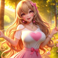 Wall Mural - A stunning, vibrant 3D anime-inspired portrait of a radiantly happy woman in a summer forest. 