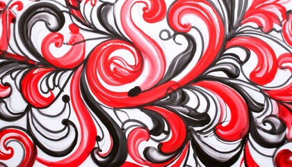 Wall Mural -  Elegant calligraphic ornament of red and black curly lines, on a white background; hand draw 