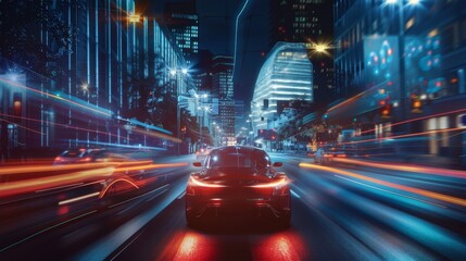 Wall Mural - Autonomous Car Speeding Along City Highway with Futuristic Interface