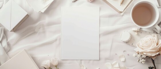 Flat lay paper mockup on workspace. Empty sheet in the middle. Top view, copy space.