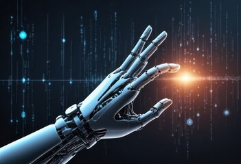 robot hand pressing on virtual digital screen hologram interface binary code big data connection technology AI machine learning idea concept design