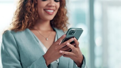 Aufkleber - Office, hands or woman with cellphone for social media, browsing or networking with contact. Career, professional female worker or business internship with mobile for online conversation or chat