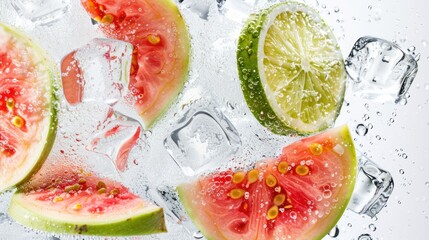 Sticker - Sparkling water with guava slices and ice cubes, cool and invigorating beverage