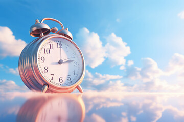 Wall Mural - Alarm clock on sky background. Time concept.