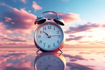 Wall Mural - Alarm clock on sky background. Time concept.