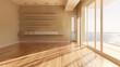© Kharismafajar - Beige studio interior with hardwood floor, front view, empty open space apartment . Generative Ai
