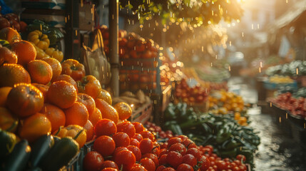 Wall Mural - A lively outdoor fruit market showcasing vibrant oranges and other fruits glistening under a rainy ambiance.