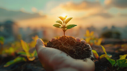 Hand holding a young plant with fresh soil against a sunset, symbolizing growth, new beginnings, and sustainability.