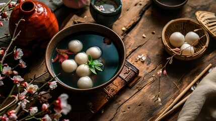 Wall Mural - Traditional dinner dish rice ball Tangyuan during family gathering party to celebrate Chinese lunar new year.