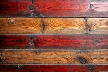 Wall Mural - Close-up view of wooden planks with different colors and shows signs of age and wear with cracks and knots visible - Generative AI	