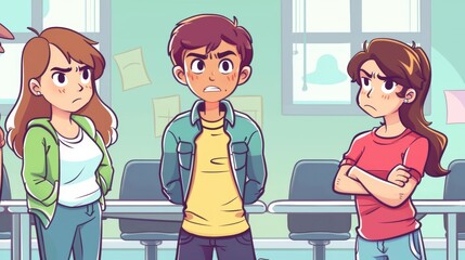 Poster - a cartoon of young teenagers,  angry, tired and confussed