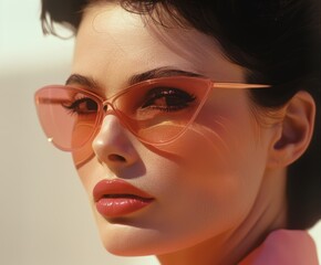 A stylish woman wearing cat-eye sunglasses with a confident gaze and bold lipstick stands out in a brightly sunlit environment