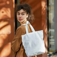 Poster - a fun, young adult female carrying a white tote bag over her shoulder, mockup