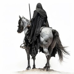 Canvas Print - a knight in a black cloak and with a sword on a gray horse, white background