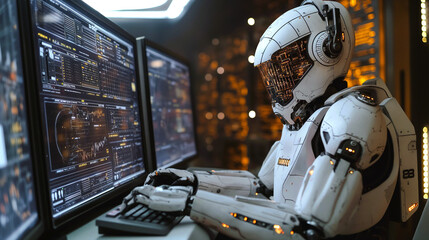 A robot is sitting in front of a computer monitor wearing headset to answer inquiries for a call center, analyzing data, resolving issues and processing information on the screen