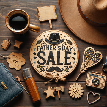 Father's day sale sign on a wooden background,vector illustration created with generative ai.