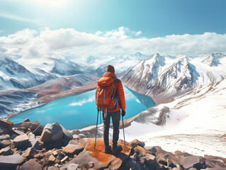 Wall Mural - Hiking On Mountain, people with backpack hiking on mountain peaks, Hiking on green and Icy mountains, foggy hills, Hiking on open natural air, travel on mountain.