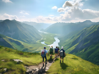 Wall Mural - Hiking On Mountain, people with backpack hiking on mountain peaks, Hiking on green and Icy mountains, foggy hills, Hiking on open natural air, travel on mountain.