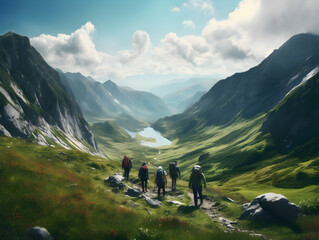 Wall Mural - Hiking On Mountain, people with backpack hiking on mountain peaks, Hiking on green and Icy mountains, foggy hills, Hiking on open natural air, travel on mountain.