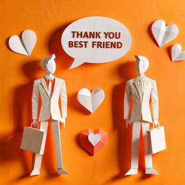 Paper human figures and text THANK YOU MY BEST FRIEND on orange background , paper cut illustration created with generative ai.