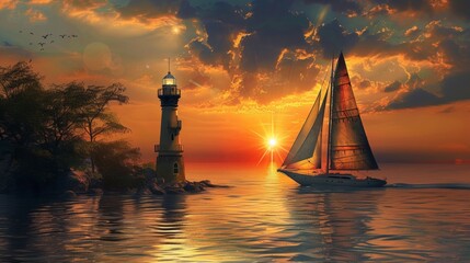 Canvas Print - A vintage sailing ship with a lighthouse in sea at sunset