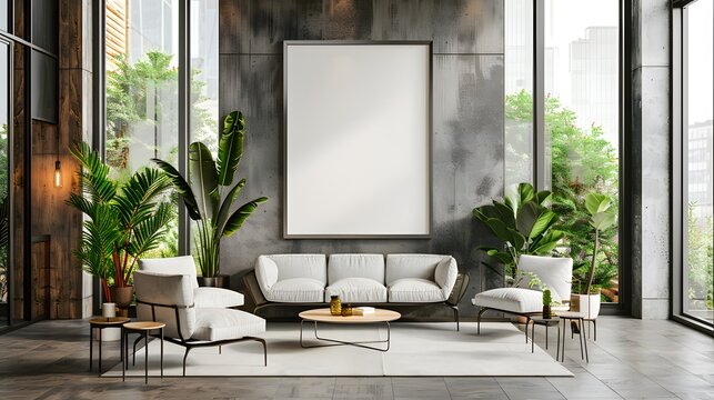 A mockup of an empty white frame on the wall in front, inside a modern office space with large windows and comfortable seating areas.