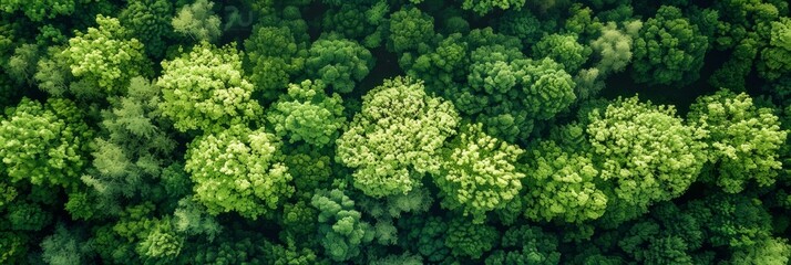Wall Mural - Aerial top view of green trees in forest. Drone view of dense green tree captures CO2. Green tree nature background for carbon neutrality and net zero emissions concept. Sustainable green environment.