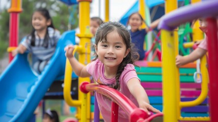 joyful children playing on a magical playground with colorful equipment --ar 16:9 --style raw job id