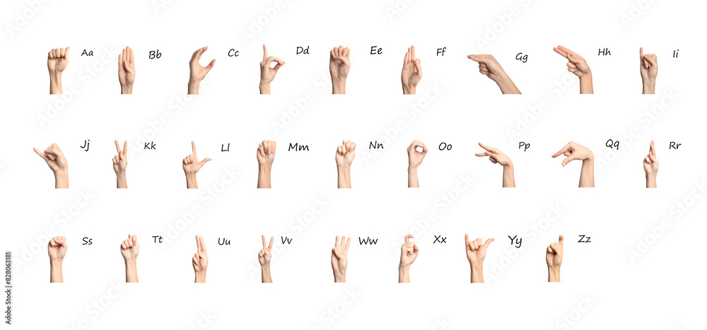 Sign language alphabet. Hand gestures and corresponding letters on white background