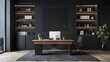 © horizon - Modern home office interior with desk, bookshelves and black wall background. Minimalist workspace design concept in the style of minimalism.