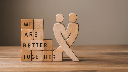 We are better together symbol. Wooden blocks with words We are better together. Beautiful grey background. We are better together concept. Copy space.