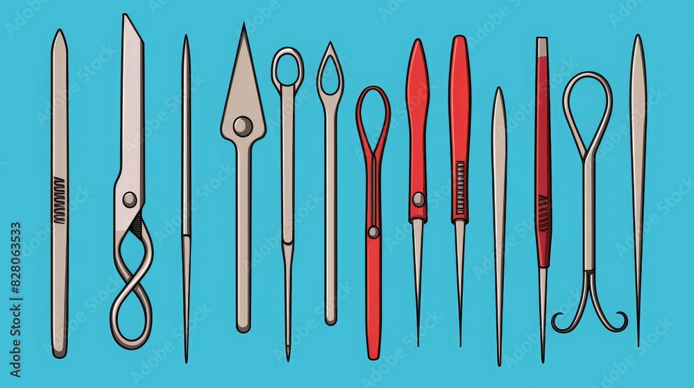 Clinical Tools Examples Various medical instruments are neatly displayed on a bright blue ...