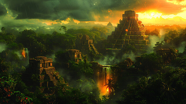 illustration of legendary city of gold hidden deep within remote jungle ancient temples boobytrapped tombs untold riches waiting be discovered by intrepid explorers braving the perils of the unknown