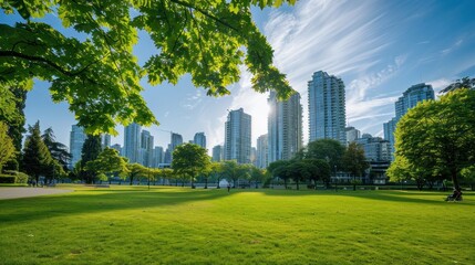 Wall Mural - Green park near sea front with skyscrapers on the background.