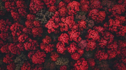 Canvas Print - Aerial top view of red trees in forest. Drone view of dense red tree captures CO2. Red tree nature background for carbon neutrality and net zero emissions concept. Sustainable environment. 