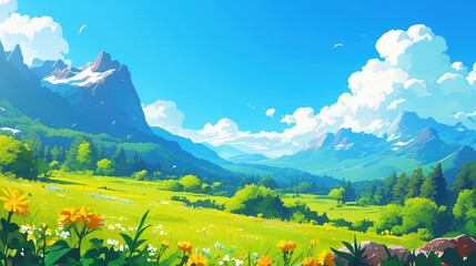 Wall Mural - A charming cartoon 2d illustration captures a tranquil spring scene of lush green fields majestic mountains and a clear blue sky