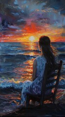 Wall Mural - beautiful woman sitting on a chair watching sunset and sea, oil painting