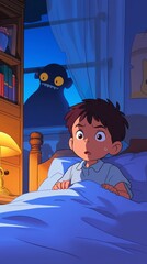 Sticker - boy and ghost by bed at night, cartoon style