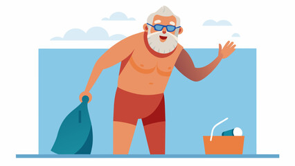 As he prepares to go for a swim an older man puts on his waterproof smarch eager to see how many laps he can complete.. Vector illustration