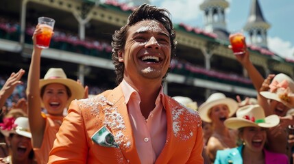 Canvas Print - Exciting crowd cheers during a horse race in a professional racetrack