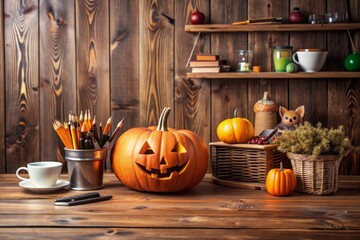 Wall Mural - pumpkins with vintage lamp against smoky dark background