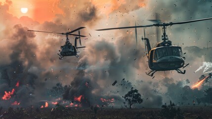 Poster - helicopteres arriving in valley, war is going on, explosions