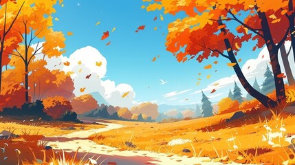 Canvas Print - A serene autumn scene unfolds in the forest showcasing vibrant orange trees lush grass a meandering dirt road and sandy clearings This 2d cartoon illustration captures the essence of fall wi