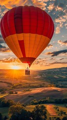 Wall Mural - Romantic hot air balloon ride at sunset, with a couple enjoying the view from the basket, overlooking a patchwork of fields and rolling hills