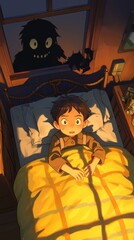 Poster - Monster ghost next to children's bed, Japanese cartoon style