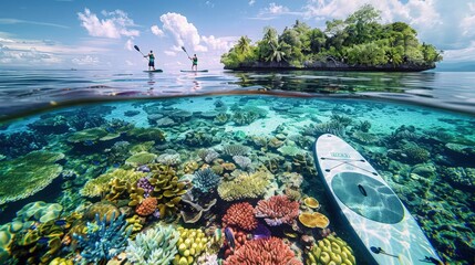 Poster - A breathtaking view of paddleboards by a secluded island with crystal waters showing a diverse coral garden beneath, full of marine life and natural beauty.