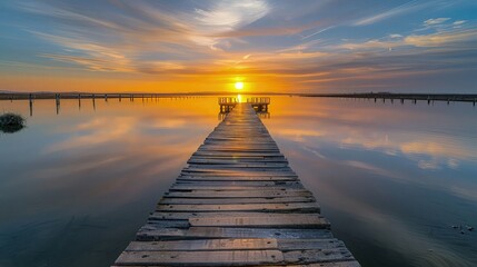 Sticker - A calming sunset over a long wooden boardwalk in Ciudad Real, with the sky transitioning from golden yellow to deep mauve, reflecting serenely on the watera??s surface.