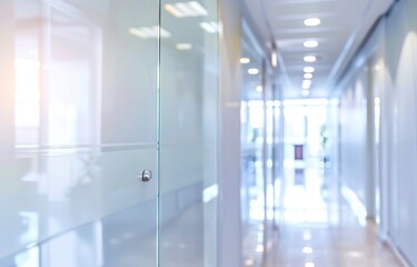 Wall Mural - Abstract blurry office interior with white glass door and light reflections, creating a defocused business hall scene. 